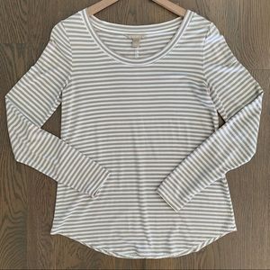 Banana Republic Stripe Scoop Neck Knit Jersey Tee Long Sleeve Tan & White Small